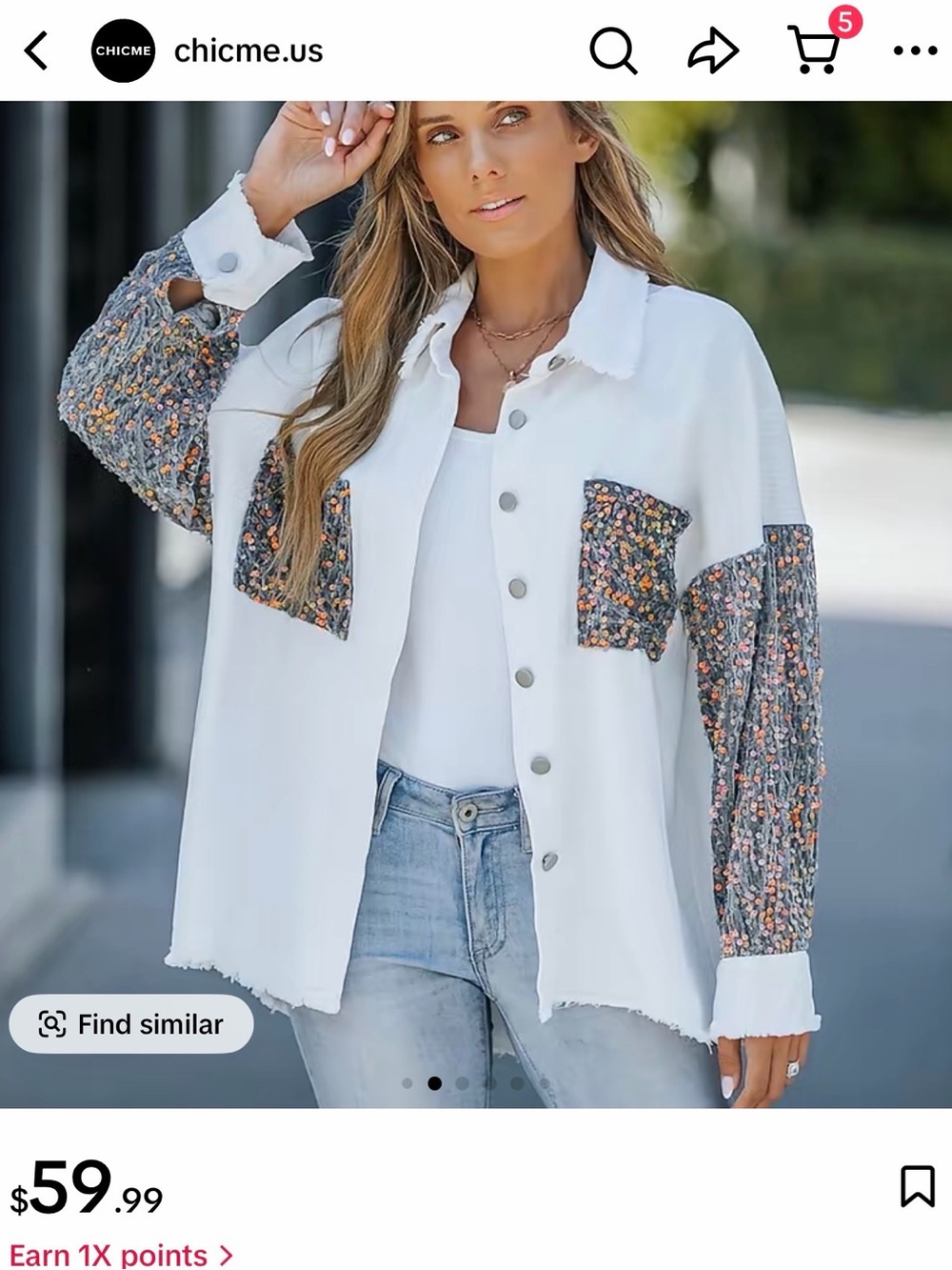 Chicme White Button-Down Shirt Jacket with Gray Floral Patchwork